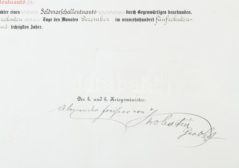 1915 Altábornagyi kinevezés oklevele, Ferenc József császár és Alexander von Krobatin (1849-1933) hadügyminiszter aláírásával, Besenyei László Albert (1853-1939) nyugállományú tábornok, a magyar szent korona országaihoz tartozó csendőrség korábbi - Image 2