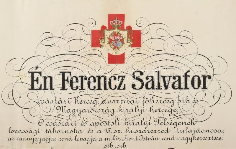 1915 A "Vörös Kereszt II. osztályú Díszjelvénye hadiékítménnyel" kitüntetés, Budapest, 1915. aug. 6. adományozó oklevele magyar nyelven, Ferenc Salvator (1866-1939) főherceg nyomtatott aláírásával, Gerstlauer Adalbert DV felügyelőnek, a katonai egészségüg - Image 4