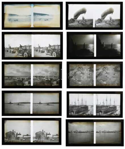 cca 1914-1918 I. világháborús sztereo üvegpozitívok, össz. 10 db, a felvételek között az SMS Bellona (korábban Kaiser), a Cs. és Kir. Haditengerészet (K. u. k. Kriegsmarine) hadihajója a pólai kikötőben; léghajó felengedése; József főherceg tisztek társas