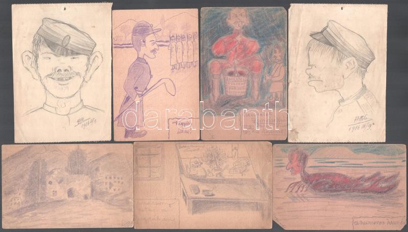 14 db I. világháborús tábori posta levelezőlap, rajtuk ceruzarajzok, karikatúrák (főként háborús, katonai témában). Jelzéssel, jelzés nélkül. Vegyes állapotban, 15x10 cm körüli méretben. - Image 3