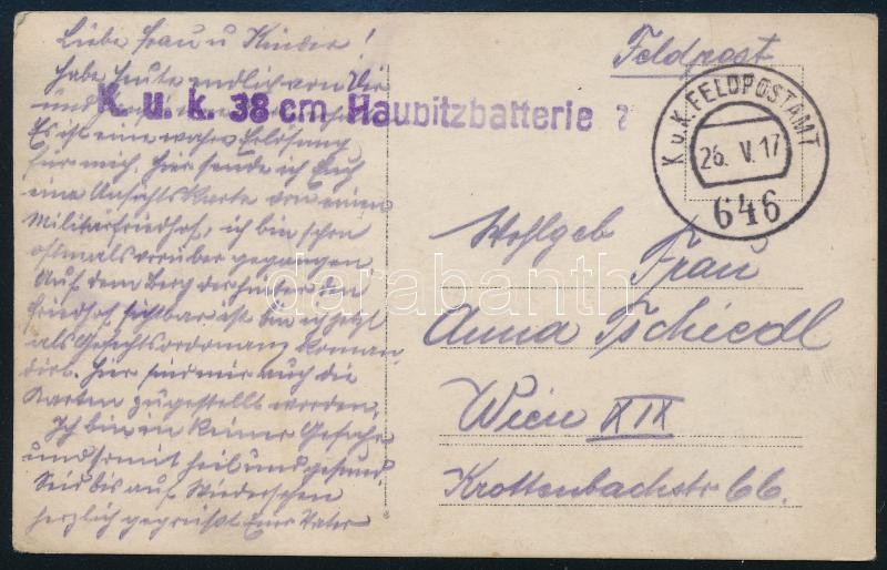 1917 KUK 46. Szegedi Gyalogezred temetője valahol a fronton, 38cm tüzér század tábori bélyegzővel. - Image 2