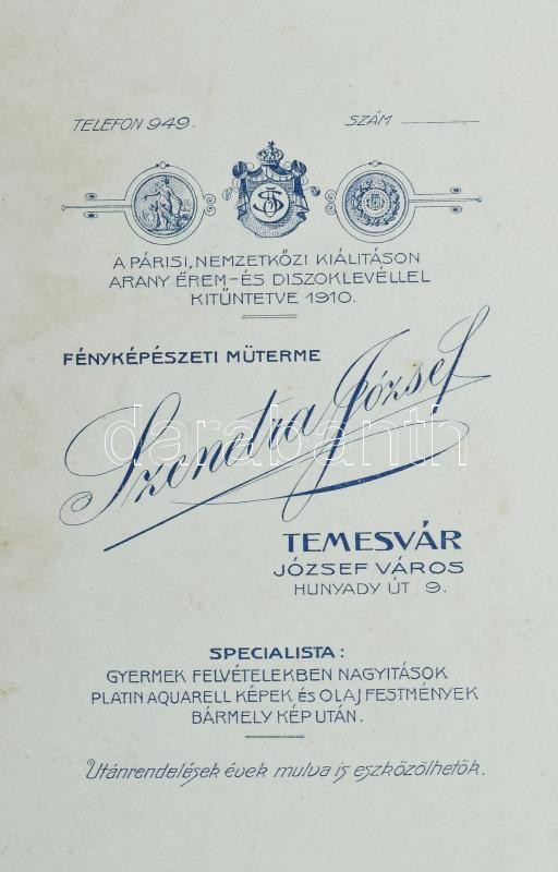 cca 1916 I. világháborús katonai lelkész kitüntetésekkel (II. Osztályú Érdemkereszt Lelkészek Számára és Katonai Jubileumi Kereszt), keményhátú fotó Szenetra Jószef temesvári műterméből, a műterem eredeti, szecessziós logójával ellátott, sérült - Image 3
