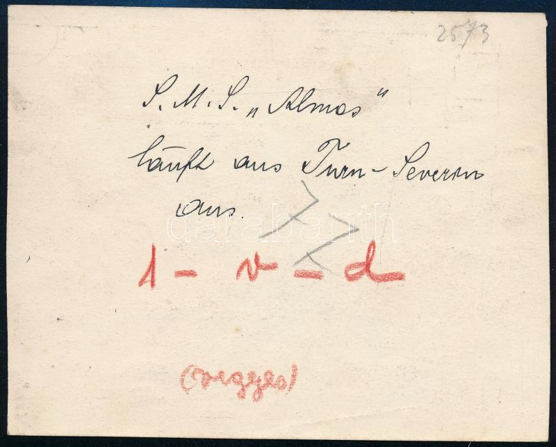 cca 1914-1918 SMS Álmos, az Osztrák-Magyar Cs. és Kir. Dunaflottilla (K. u. k. Donauflottille) folyami monitora Szörényvárnál (Turnu Severin, Románia). Eredeti fotó, a hátoldalon feliratozva, 11x8,5 cm / cca 1914-1918 SMS Álmos, river monitor of the Austr - Image 2