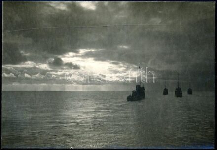 cca 1914-1918 Az Osztrák-Magyar Cs. és Kir. Dunaflottilla (K. u. k. Donauflottille) torpedónaszádjai őrjáraton, eredeti fotó, a hátoldalon feliratozva, 11x7,5 cm / cca 1914-1918 Torpedo boats of the Austro-Hungarian Danube Flotilla (K. u. k. Donauflottill