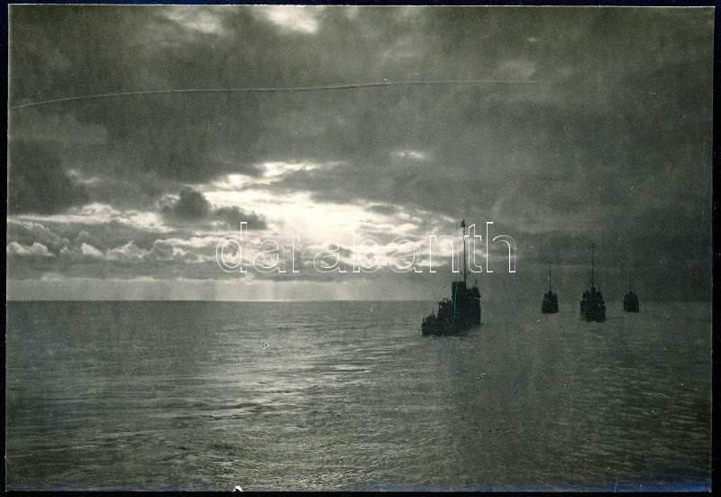cca 1914-1918 Az Osztrák-Magyar Cs. és Kir. Dunaflottilla (K. u. k. Donauflottille) torpedónaszádjai őrjáraton, eredeti fotó, a hátoldalon feliratozva, 11x7,5 cm / cca 1914-1918 Torpedo boats of the Austro-Hungarian Danube Flotilla (K. u. k. Donauflottill