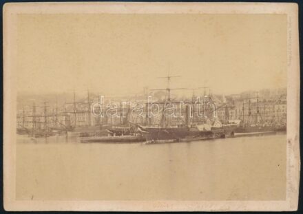 cca 1870 Az S.M.S. Pluto lapátkerekes mentővontató a Triesti kikötőben. fotó 17x11 cm A hajó a beszámolók szerint 1869-ben elsüllyedt. / S.M.S. Pluto paddle-wheel rescue tug in the Port of Triest. 11x17 cm G. Malovich, Trieste.