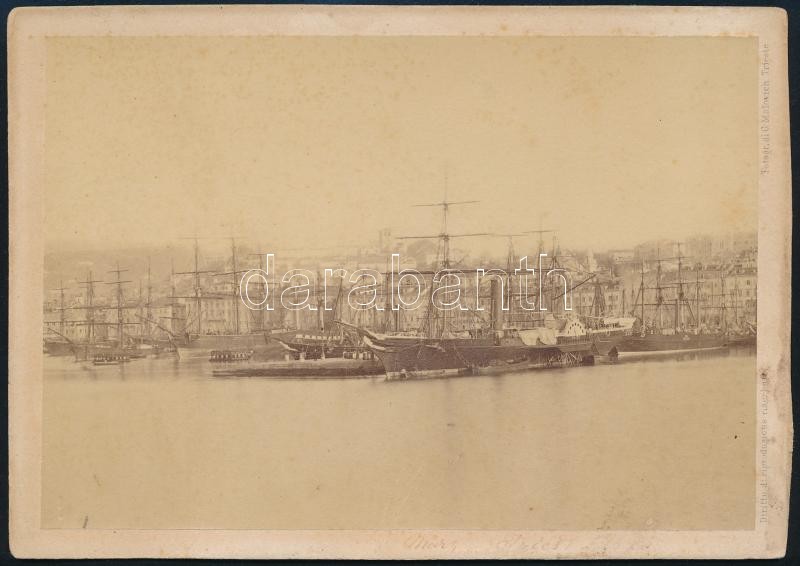 cca 1870 Az S.M.S. Pluto lapátkerekes mentővontató a Triesti kikötőben. fotó 17x11 cm A hajó a beszámolók szerint 1869-ben elsüllyedt. / S.M.S. Pluto paddle-wheel rescue tug in the Port of Triest. 11x17 cm G. Malovich, Trieste.