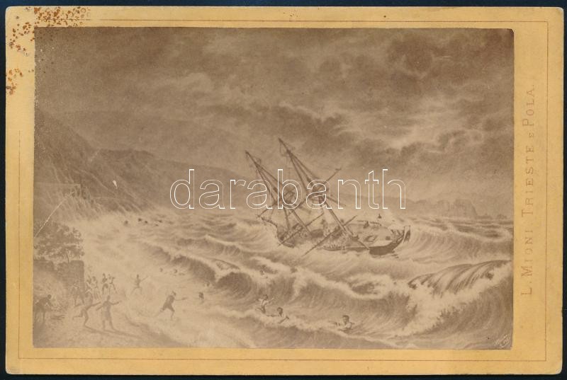 cca 1874 Az S.M.S. Saida I. pusztulása a Messinai szorosban. Festményről készült szépia fotó 11x17 cm / destruction of two-masted golette S.M.S.Saida I in the Strait of Messina on November 11, 1874. Sepia photo of a painting on cartboard 11x17