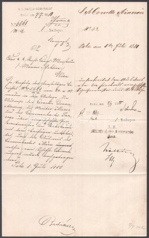 1880 Az S.M. Corvette Minerva parancsnokának kézzel írptt jelentése a Cs. k. Kikötői parancsnokságnak. A z érkezés igazolásával. / 1880 Handwritten report from the commanding officer of S.M. Corvette Minerva addressed to the K.K. Harbor Admiralty in Pola, - Image 3