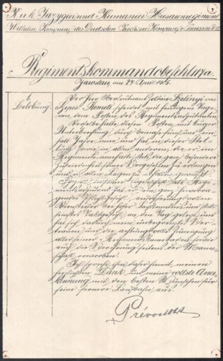 1906 K. u. k. Jazygier und Kumanier Husarenregiment ,,Wilhelm Kronprinz des Deutschen Reiches und Kronprinz von Preußen" Nr. 13 (Cs. és kir. 13. Jász-Kun Huszárezred) parancsnoksága által kiadott parancs, német nyelvű katonai irat (stencilezéssel sokszoro