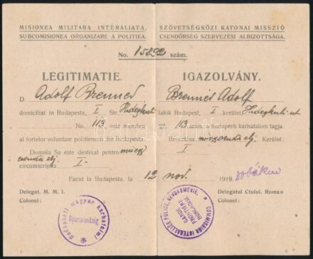 1919 Szövetségközi Katonai Misszió Csendőrség Szervezési Albizottságának igazolványa műegyetemi csendőr zászlóalj tagja részére, Bp., 1919. nov. 12., hajtott.