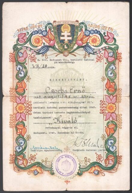 1940 Levente segédoktató tanfolyam bizonyítványa. Hajtásnyommal 20x30 cm