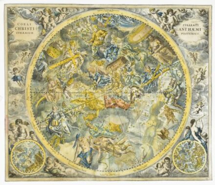 Andreas Cellarius (1596-1665) Coeli Stellati Christiani Haemisphaerium Posterius. - A keresztény égbolt csillagtérjépe Színezett rézmetszetű éggömb térkép, csillagtérkép. Megjelent Atlas Coelestis seu Harmonia Macrocosmica Amsterdam, 1708. Restaurált, kör