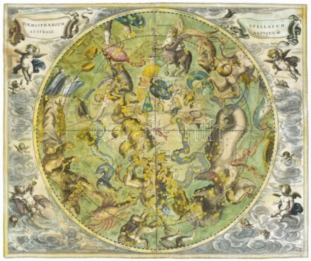 Andreas Cellarius (1596-1665) Haemispharium Stellatum Australe Antiquum - Az ókori déli csillagfélteke. Színezett rézmetszetű éggömb térkép, csillagtérkép. Megjelent Atlas Coelestis seu Harmonia Macrocosmica Amsterdam, 1708. Restaurált, körbevágott. 51,5x