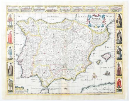 John Speed Spaine newly described with many adictions... Spanyolország és Portugália térképe. Színezett rézmetszet. megjelent: A Prospect of the Most Famous Parts of the World. London, 1627. Restaurált 535x415 mm / Map of Iberian Peninsula (Spain and Port