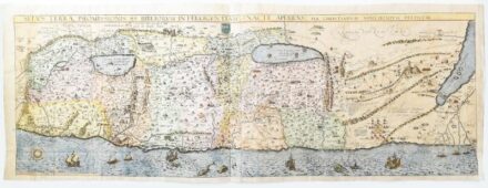 Adrichem, Christian: Situs Terrae Promissionis SS Bibliorum Intelligentiam Exacte Aperiens.- A Szentföld nagy méretű térképe. Színezett rézmetszet megjelent: Theatrum Terrae Sanctae et biblicarum historiarum cum tabulis geographicis aere expressis... Köln
