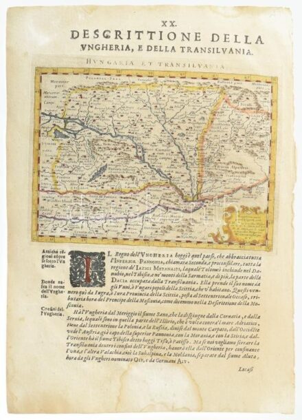 Magini, Giovanni Antonio: descrittione della Ungheria e della Transilvania. Megjelent: Geographie Universae... Venezia, 1596. Színezett rézmetszet, olasz nyelvű szöveggel. Térkép méret 173x125 mm, lapméret 21x29 cm Alul kissé foltos. / Engraved map of Hun