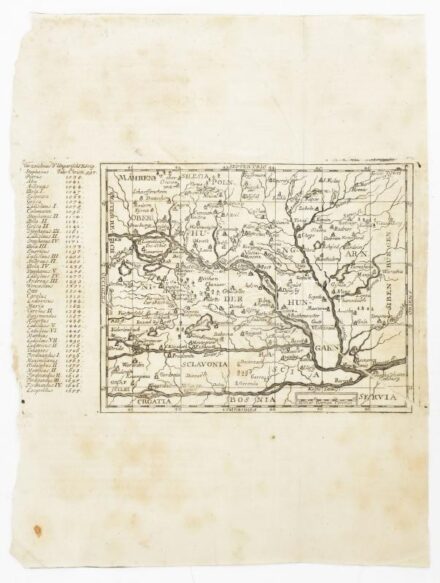 1684 A Magyar királyság térképe, valamint a magyar uralkodók felsorolása. Rézmetszet papírránccal. Megjelent: Wagner, Johann Christoph: Delineatio provinciarum Pannoniae et imperii Turcici... Augspurg, 1684. Jacob Koppmayer. / 1684 Map of Hungary and the