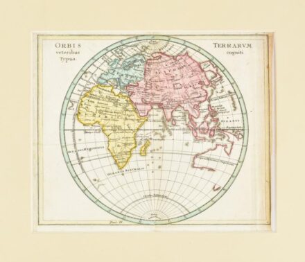 1720 Christopher Weigel (1654 - 1725): Orbis Terrarum Veteribus Cogniti Typus - Világtérkép. Színezett rézmetszet, paszpartuban / engraved world map 18x15,5 cm