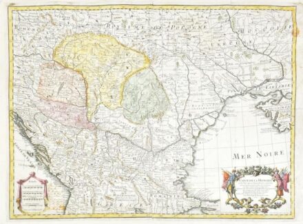 Carte de la Hongrie et des Pays qui en dependoient autrefois. 1745. Rézmetszet. Magyarország és Erdély, valamint a környező részek korabeli határszínezésű, rézmetszetű térképe. Készítette Guillaume Delisle, metszette Liebaux le fils és Ch. Simonneau. 465×