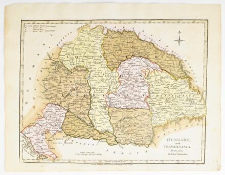Robert Wilkinson: Hungary and Transilvania. Drawn from the Latest Authorities. Magyarország és Erdély színezett rézmetszetű térképe. London, 1806 285x220 mm / Colored engraving.