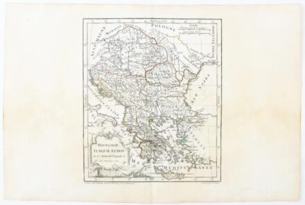 Hongrie, Turquie Europ. Par le s. Robert de Vaugondy,. (Párizs, 1762.) E. Dussy színezett rézmetszető térképe 245× 204 mm. Enyhén foltos, nagy margókkal / Engraved map of Hungary and the European Turkey. Colored with stain