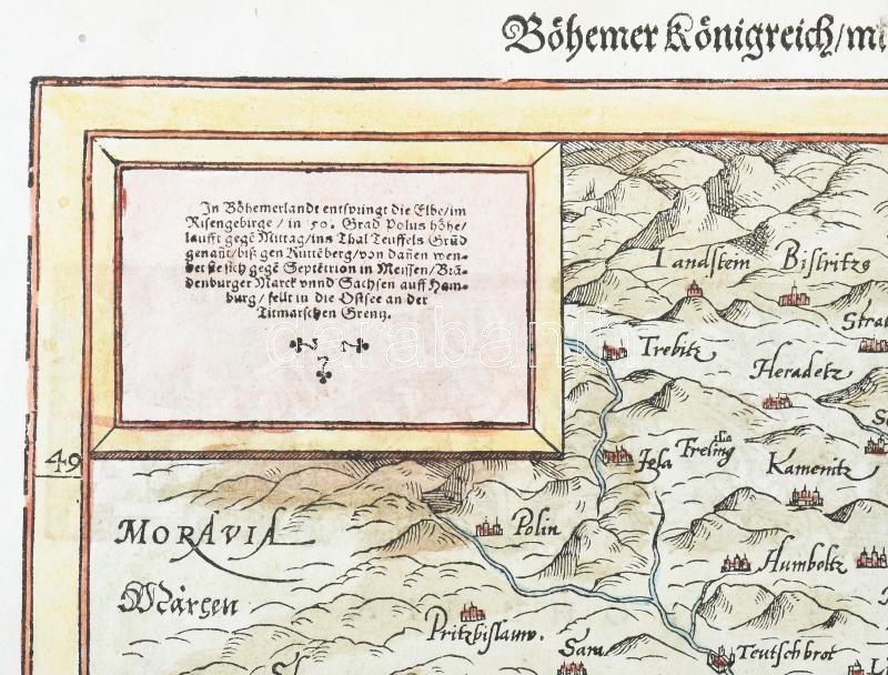 Sebastian Münster: Böhemer Königreich mit Bergen und Wäldern, gerings umb beschlossen. Heinrich Petri, Basel, 1574 Színezett fametszetű térkép 307x362 mm / Woodplate map Bohemia. - Image 2