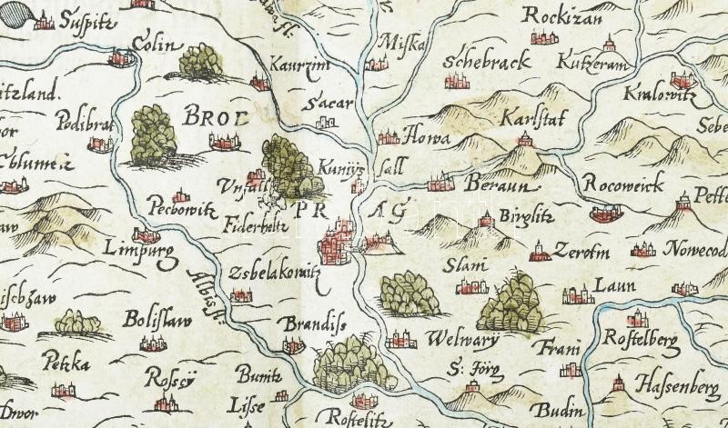 Sebastian Münster: Böhemer Königreich mit Bergen und Wäldern, gerings umb beschlossen. Heinrich Petri, Basel, 1574 Színezett fametszetű térkép 307x362 mm / Woodplate map Bohemia. - Image 3