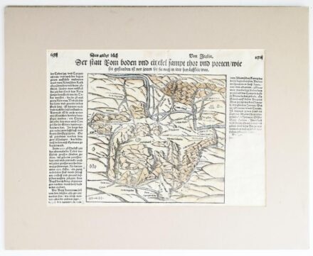 Sebastian Münster: Der Statt Rom boden und circkel sampt thor vnnd porten, wie sie gestanden ist vor zeiten, do sie noch in ihrer herrlichkeit was. Heinrich Petri, Basel, 1574 Színezett fametszetű térkép, a jobb alsó része pótolt. / Woodplate map of Rome.