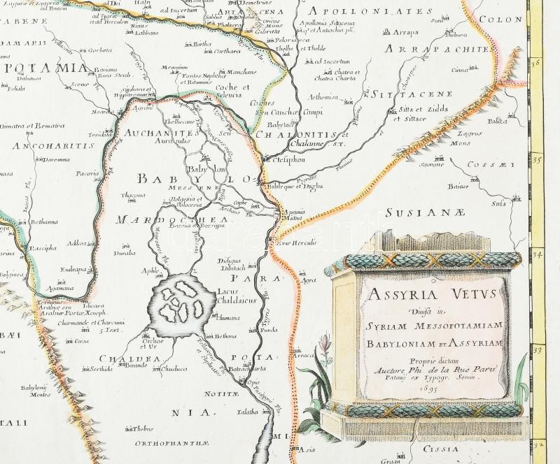 Ph. De la Rue / Semin: Assyria Vetus Divisa in Syriam, Mesopotamiam, Babyloniam, & Assyriam Proprie Dictam.Auctore Ph. de la Rue. Paris 1695. Az Asszír birodalom térképe. Színezett rézmetszet. 520x380 mm / Map of the Assyrian Empire, colored - Image 2