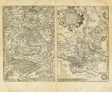 Franciae Orientalis: (Vulgo Franckenlant) descriptio auctore Sebasta Rotenhan / Monasteriensis Et Osnaburgensis Episcopatus Descriptio. Franciaroszág rézmetszetű térképe két részben. Megjelent, Ortelius, Abraham: Theatrum Orbis Terrarum., 1590. 505x360 mm