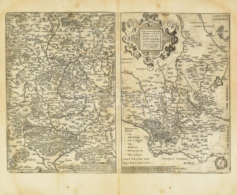 Franciae Orientalis: (Vulgo Franckenlant) descriptio auctore Sebasta Rotenhan / Monasteriensis Et Osnaburgensis Episcopatus Descriptio. Franciaroszág rézmetszetű térképe két részben. Megjelent, Ortelius, Abraham: Theatrum Orbis Terrarum., 1590. 505x360 mm