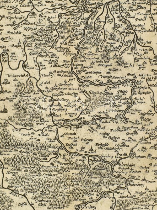 Franciae Orientalis: (Vulgo Franckenlant) descriptio auctore Sebasta Rotenhan / Monasteriensis Et Osnaburgensis Episcopatus Descriptio. Franciaroszág rézmetszetű térképe két részben. Megjelent, Ortelius, Abraham: Theatrum Orbis Terrarum., 1590. 505x360 mm - Image 3