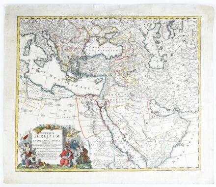 Johann Baptist Homann (1664-1724): Imperium Turcicum in Europa, Asia, et Africa Regiones... (A Török Birodalom Ázsiában, Európáben, a Közel-Keleten...) színezett rézmetszet, Atlas Maior, Bürnberg 1720. 580x490 mm/ Engraved map of Middle East, Armenia, Ott