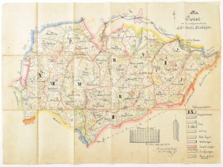 1906 Az óvízi m. kir. erdőgondnokság átnézeti térképe, (Óvíz/Stará Voda/Altwasser), kézi rajzolású, színezésű térkép, Tomasovszky Imre (1871-1946) erdész aláírásával, Óvíz, 1906. április 4., hajtott, a hajtások mentén kis szakadással, foltos, 50x67