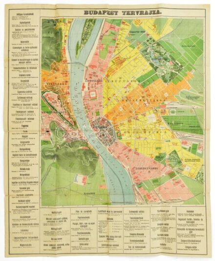 1896 Budapest Székesfőváros tervrajza, és útmutatója, a térkép hátoldalán az Ezredéves Országos Kiállítás látképével (Mirkovszky Géza (1855-1899)) Bp., Posner-ny, hajtott, a hajtások mentén kis szakadással, javított, foltos illusztrált kiadói borítékkal,