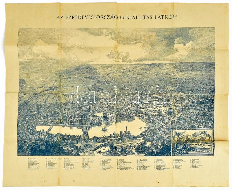 1896 Budapest Székesfőváros tervrajza, és útmutatója, a térkép hátoldalán az Ezredéves Országos Kiállítás látképével (Mirkovszky Géza (1855-1899)) Bp., Posner-ny, hajtott, a hajtások mentén kis szakadással, javított, foltos illusztrált kiadói borítékkal, - Image 2