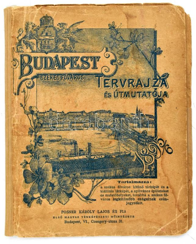 1896 Budapest Székesfőváros tervrajza, és útmutatója, a térkép hátoldalán az Ezredéves Országos Kiállítás látképével (Mirkovszky Géza (1855-1899)) Bp., Posner-ny, hajtott, a hajtások mentén kis szakadással, javított, foltos illusztrált kiadói borítékkal, - Image 3