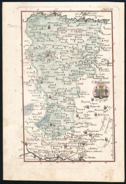 1804 Czetter Sámuel (1765-1829 k.): Temes vármegye térképe. C[omitatus] Temesiensis In: [Korabinszky János Mátyás]: Korabinsky, Johann Matthias: Atlas Regni Hungariae Portatilis LVIII. Bécs, 1804. Schaumburg und Compagnie, színezett rézmetszet,10,5x16,5