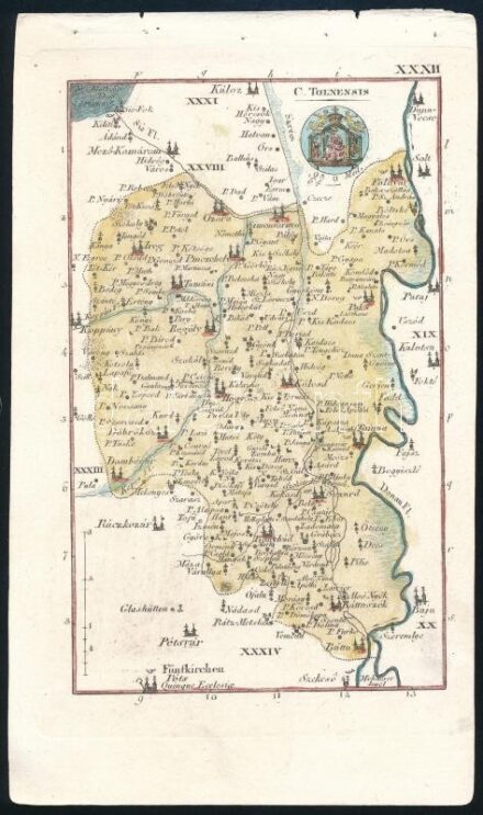 1804 Czetter Sámuel (1765-1829 k.): Tolna vármegye térképe. C[omitatus] Tolniensis, In: [Korabinszky János Mátyás]: Korabinsky, Johann Matthias: Atlas Regni Hungariae Portatilis LVIII. Bécs, 1804. Schaumburg und Compagnie, színezett rézmetszet,10,5x16,5