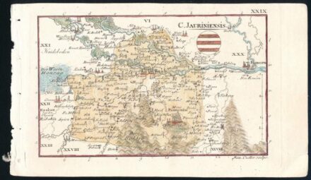 1804 Czetter Sámuel (1765-1829 k.): Győr vármegye térképe. C[omitatus] Jauriensis In: [Korabinszky János Mátyás]: Korabinsky, Johann Matthias: Atlas Regni Hungariae Portatilis LVIII. Bécs, 1804. Schaumburg und Compagnie, színezett rézmetszet,10,5x16,5