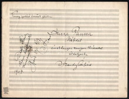 1907-1911 Szendy Árpád (1863-1922) zongoraművész és - tanár, zeneszerző által saját kezűleg írt "Hej! Jucza Panna népdal" c. kottája, Tornay Gyulánénak (?) ajánlva, a kotta Détschy Károly gépészmérnök részére DEDIKÁLT példány, hajtott, 2 sztl.