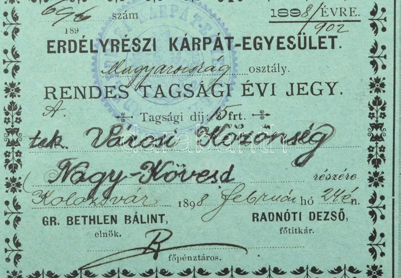 1898 Az Erdélyrészi Kárpát Egyesület rendes tagsági évi jegy Nagy-Kövesd város részére - Image 2