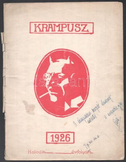 1926 Krampusz. VI. évfolyam. 1926. [A Budai Szent Imre Kollégium diákjainak humoros folyóirata. Megjelenik évente.] [Bp.], 1926, nyn., 36 p. Szövegközti humoros rajzokkal, karikatúrákkal gazdagon illusztrált, közte Márton Lajos grafikus munkájával is. Pap