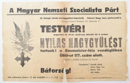 cca 1938 A Magyar Nemzeti Szocialista Párt által kiadott hirdetmény nyilaskeresztes nagygyűlésről, hajtott, restaurált, 30×47 cm