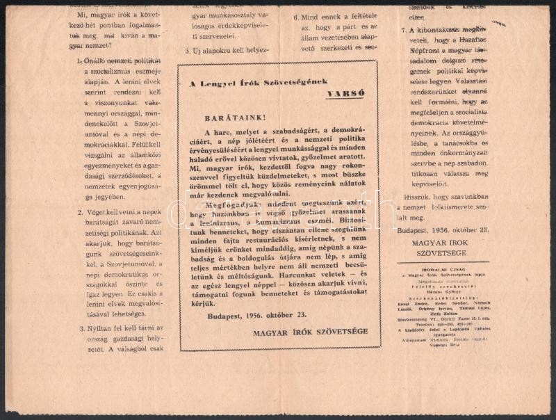 1956. október 24. Az Irodalmi Újság különkiadása, benne a magyar írók kiáltványa - Image 2