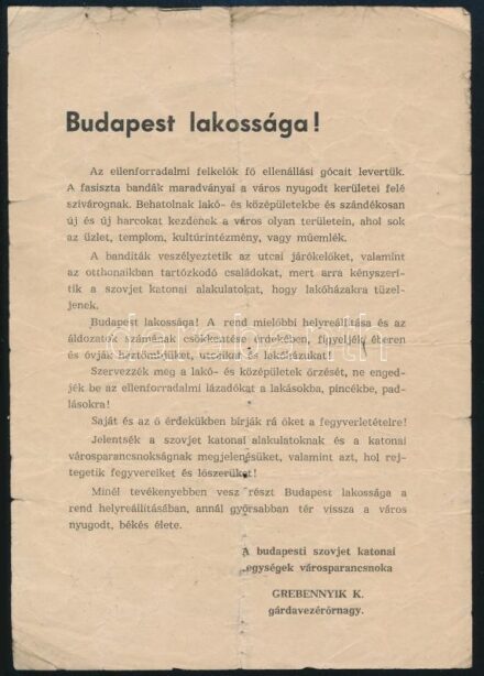 1956 A budapesti szovjet katonai egységek városparancsnoka, Grebennyik K. által Budapest lakosságához intézett röplap