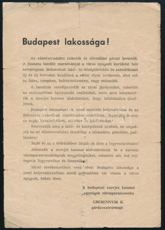 1956 A budapesti szovjet katonai egységek városparancsnoka, Grebennyik K. által Budapest lakosságához intézett röplap