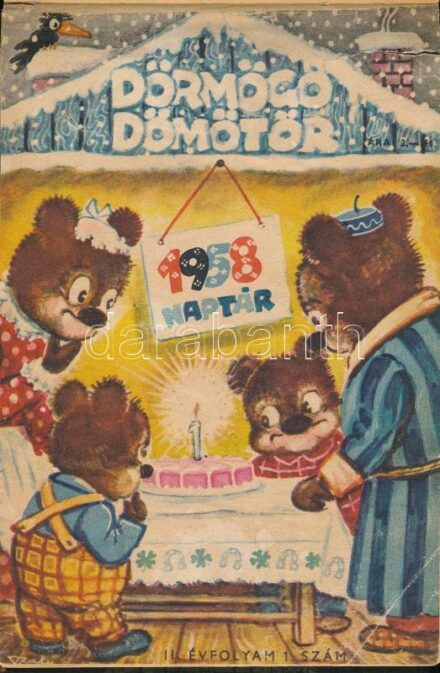1958 Dörmögő Dömötör. II. évf. 1-12. sz. Teljes második évfolyam. Haránt-alakú kissé kopott félvászon-kötésben, egy címlapon javítással, egy-két kisebb szakadással.