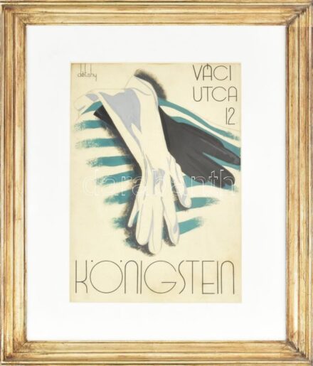 cca 1930 Königstein, Váci utca 12 (Budapest), art deco plakát- vagy reklámterv. Vegyes technika, papír, Détshy jelzéssel. Üvegezett fakeretben. 34x23 cm